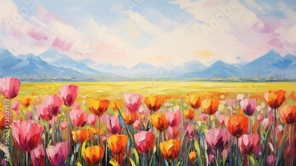 Obraz Colorful illustration background with different tulips in spring garden. Beautiful floral wallpaper design.