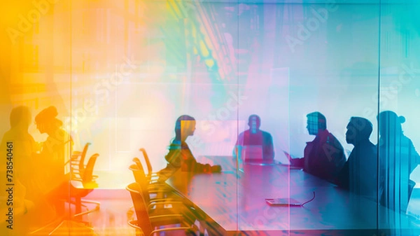 Obraz Team meeting at conference table with colorful tech overlay | Generative AI