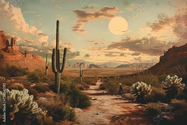 Fototapeta Digital artwork depicting a surreal desert landscape with towering cacti, a winding path, and a large moon in a dramatic sky.