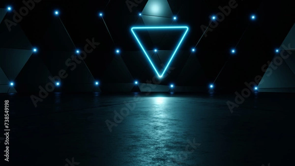 Fototapeta 3D rendering creates abstract glowing neon triangles in a dark room