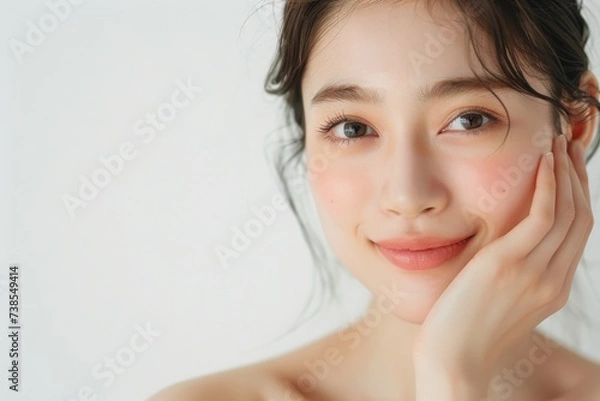 Obraz 顔に手をあてる肌の綺麗な日本人女性（アジア人・白背景・背景なし）	