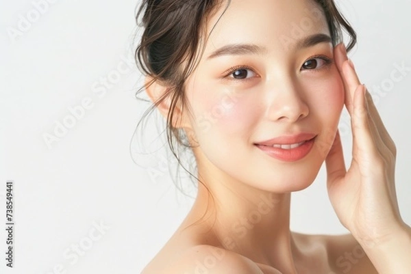 Obraz 顔に手をあてる肌の綺麗な日本人女性（アジア人・白背景・背景なし）	