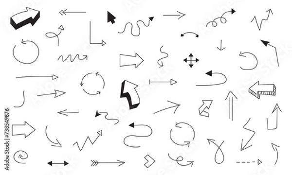 Fototapeta Doodle arrows. Handwriting scribble sketch line arrowheads. Arrow isolated on white background vector se