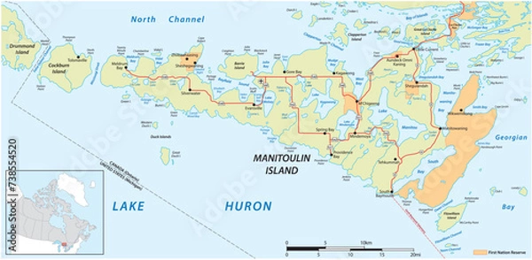 Fototapeta Vector map of the Canadian island of Manitoulin in Lake Huron, Ontario, Canada