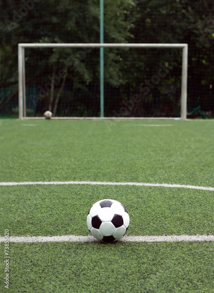 Fototapeta White and black ball for playing soccer against gate close-up
