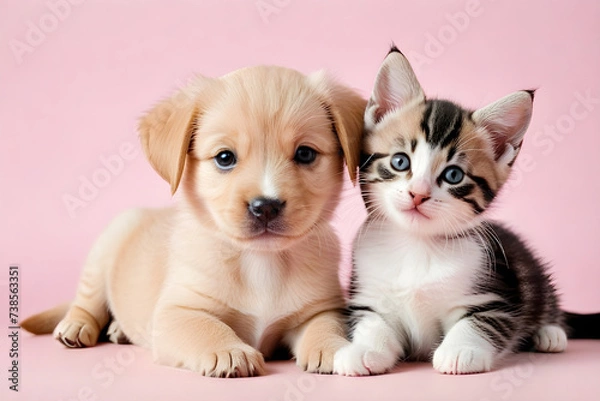Fototapeta A puppy and a kitten smiling affectionately. Generative AI