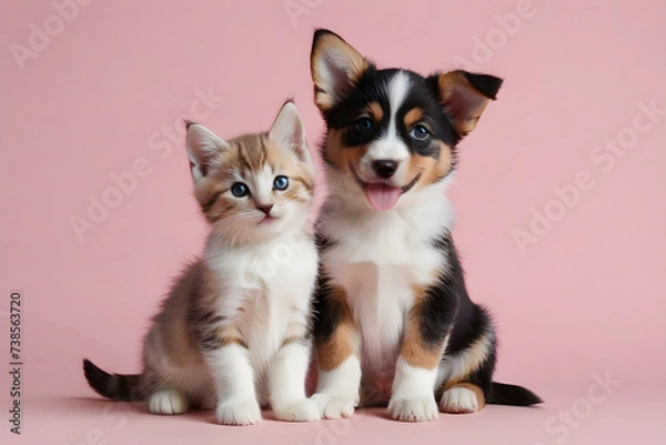 Fototapeta A puppy and a kitten smiling affectionately. Generative AI