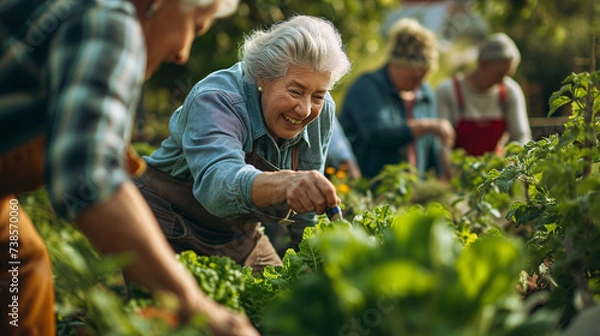Fototapeta group of senior citizens gathered in a community garden surrounded by vibrant greenery under the sun, tending to the crops and enjoying the fresh air