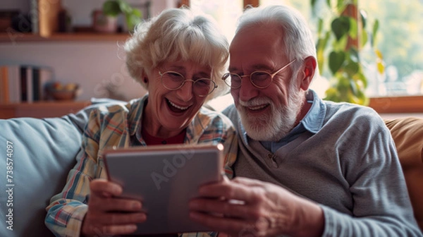 Fototapeta A elderly couple explores content on a tablet, surrounded by the comfort of their home, exemplifying technology's role in everyday life