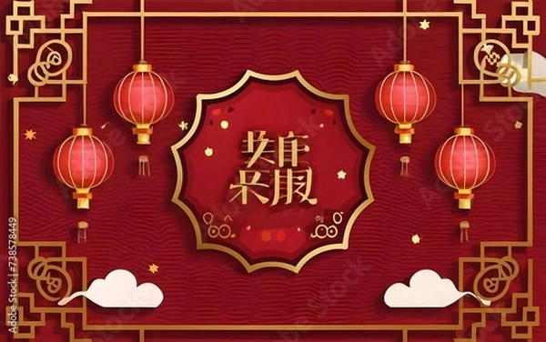 Fototapeta Greeting card and poster of Chinese Vegetarian Festival in layers paper cut style and vector design. Chinese letters is meaning "Fasting" for worship Buddha" and "Vegetarian Day" in English.
