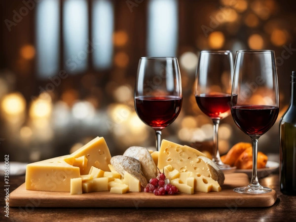 Fototapeta Assortment of cheese with fruits, grapes, nuts, glass with wine and cheese knife on a wooden serving tray.