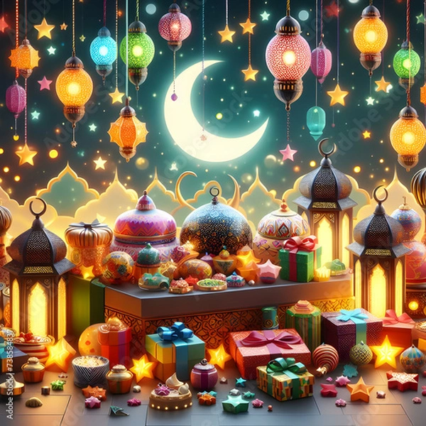 Fototapeta Ramdan mubarak image with the lights on sideboard 