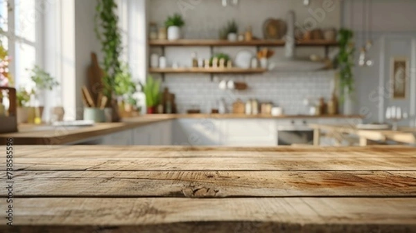Fototapeta Wooden table on blurred kitchen bench background, Advertisement, Print media, Illustration, Banner, for website, copy space, for word, template, presentation