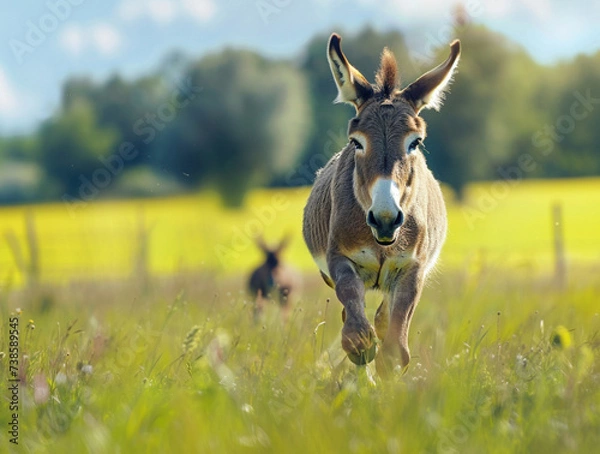 Fototapeta a donkey running towards you, he has a saddle on with big saddle bags, he is outdoors near a forest, in the style graphic art