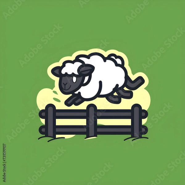 Obraz A logo illustration of a sheep jumping over a fence on green background. Created with generative AI.
