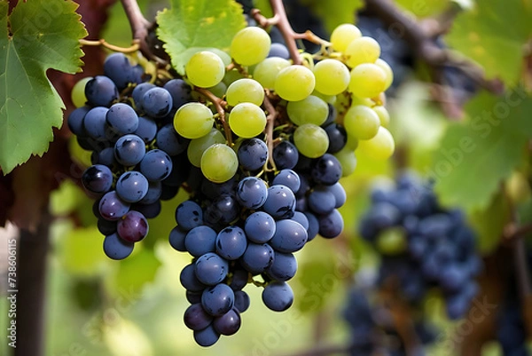 Fototapeta Close up of grapes hanging on branch. Hanging grapes. Grape farming. Grapes farm. Tasty green grape bunches hanging on branch. Grapes