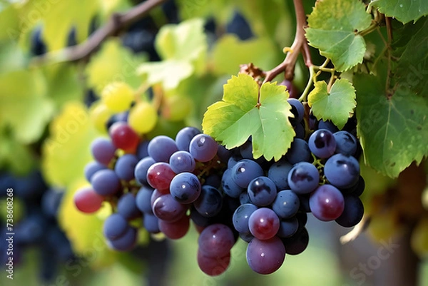 Fototapeta Close up of grapes hanging on branch. Hanging grapes. Grape farming. Grapes farm. Tasty green grape bunches hanging on branch. Grapes