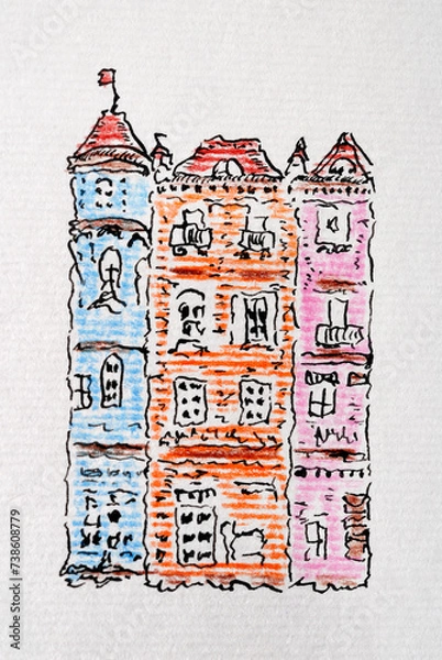 Fototapeta House sketch created with black ink and pencils. Color illustration on watercolor paper