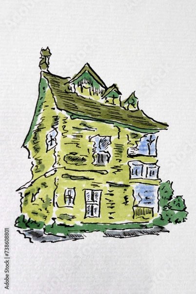 Fototapeta House sketch created with black ink and markers. Color illustration on watercolor paper