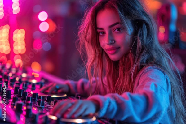 Fototapeta World DJ Day Concept. DJ Playing Music in the Night Club extreme closeup. Generative AI