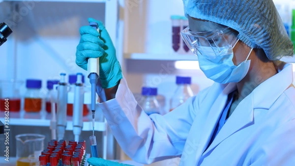Fototapeta Scientists are doing research in a science lab. A medical chemist in a white coat, gloves and goggles looks at a glass tube. Compare two different liquid samples. and discuss future experiments.