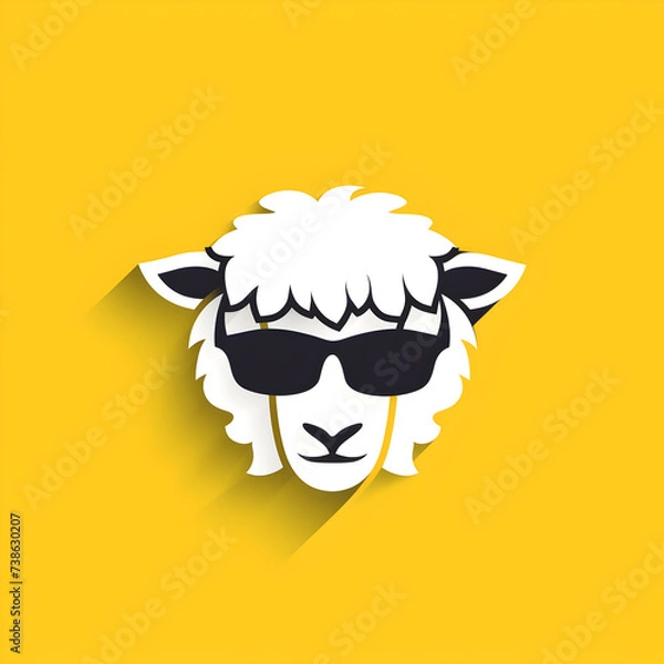 Obraz A logo illustration of a sheep wearing sunglasses on yellow background. Created with generative AI.