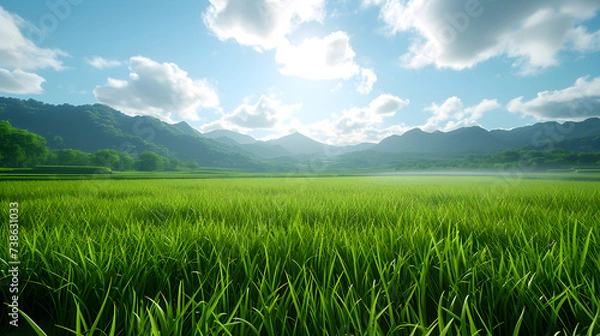 Fototapeta Green rice fields with clear skies