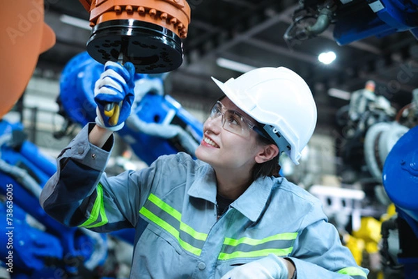Fototapeta Caucasian female engineer using pliers to adjust screws of industrial robot arm in factory.