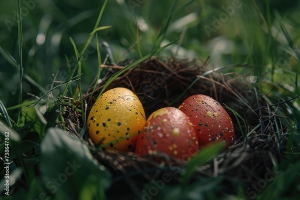 Fototapeta Three eggs resting in a nest on the grass. Suitable for nature and wildlife themes