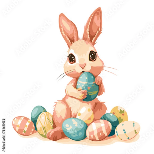 Fototapeta Vector cute cartoon rabbit with easter eggs