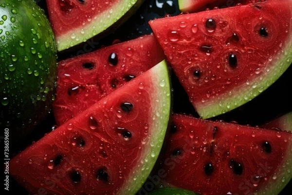 Fototapeta Close-up of juicy watermelon pieces on dark surface, glistening with moisture for a refreshing look.