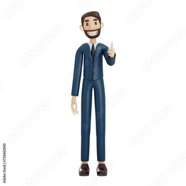 Fototapeta high-quality 3D illustration of a businessman character suitable for use on websites, apps, or similar purposes. The illustration features a handsome man in a dark blue suit.