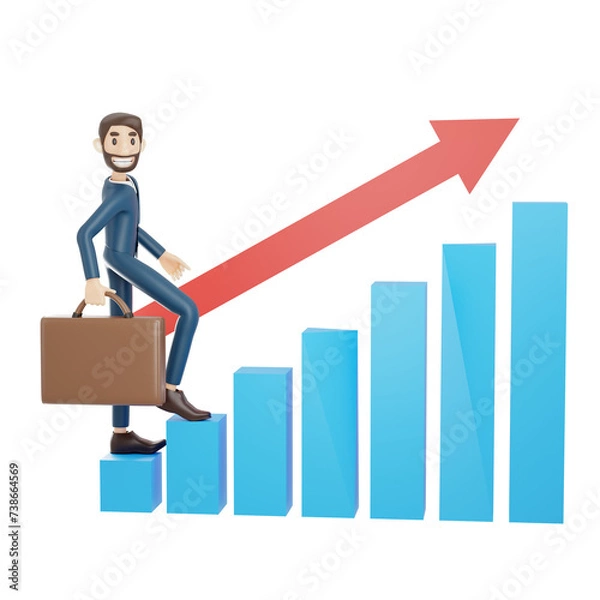 Fototapeta high-quality 3D illustration of a businessman character suitable for use on websites, apps, or similar purposes. The illustration features a handsome man in a dark blue suit.