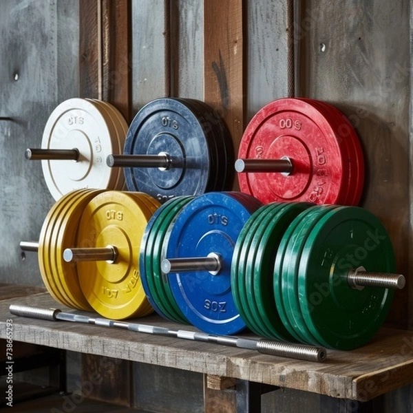 Fototapeta a stack of colored weight plates 

