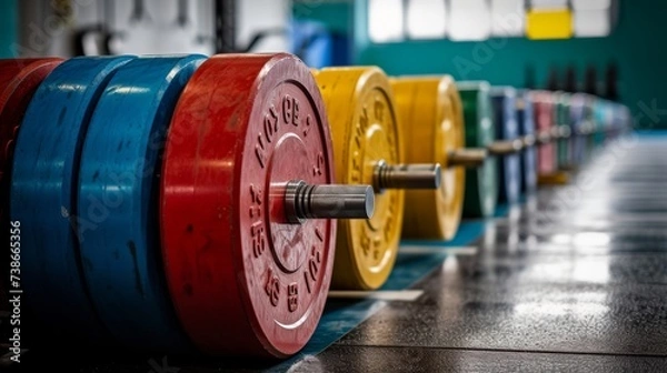 Fototapeta a stack of colored weight plates 
