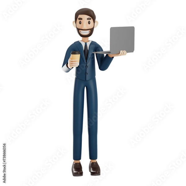 Fototapeta high-quality 3D illustration of a businessman character suitable for use on websites, apps, or similar purposes. The illustration features a handsome man in a dark blue suit.