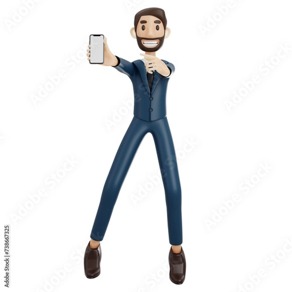 Fototapeta high-quality 3D illustration of a businessman character suitable for use on websites, apps, or similar purposes. The illustration features a handsome man in a dark blue suit.