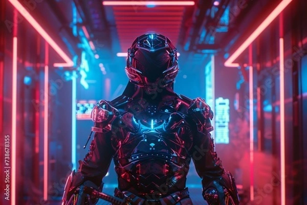 Fototapeta A cybernetic samurai stands at the crossroads of time where ancient honor meets cutting edge technology in a neon lit world
