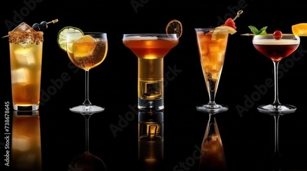 Fototapeta Variety of alcoholic drinks and multi colored cocktails on the reflective surface of bar counter. Blurred shelves with bottles on background
