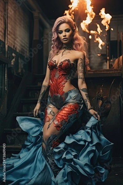 Obraz Sensual Fantasy Queen in Dramatic Gown and Flames
