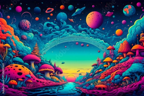 Obraz colorful psychedelic landscape with mushrooms and planets, surreal fantasy world