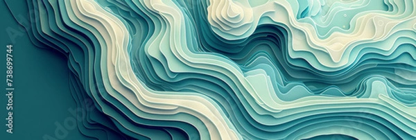 Fototapeta abstract green background with waves, green yellow beige blue paper cut art,green abstract background with wavy lines. for nature-themed designs,Topography papercut texture background