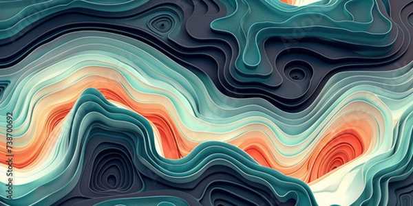 Fototapeta abstract green background with waves, green yellow beige blue paper cut art,green abstract background with wavy lines. for nature-themed designs,Topography papercut texture background