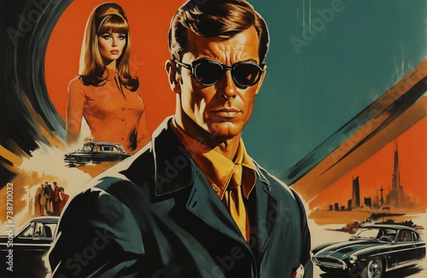 Obraz Classic spy movie poster in the art style of the 50s and 60s. The poster shows the main characters of the movie and footage of car chases.
