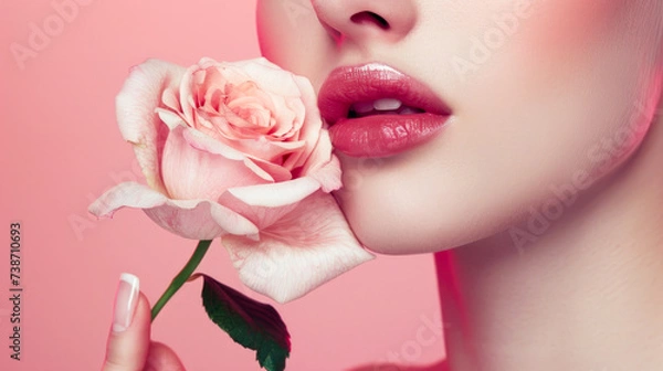 Obraz Close-Up of a Woman's Lips with a Pink Rose
