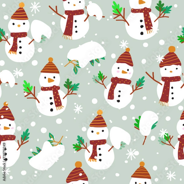 Obraz Seamless snow pattern with a snowman, red dress, leaves, branches and snow on a green background, used for children's clothing. wallpapers and prints