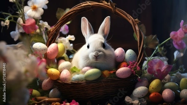 Obraz easter  bunny is in a basket with colorful eggs