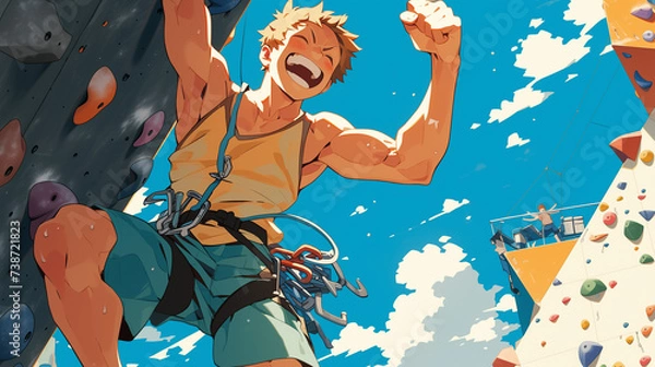 Fototapeta スポーツクライミングをしている男性　ガッツポーズ　喜ぶ　ゴール