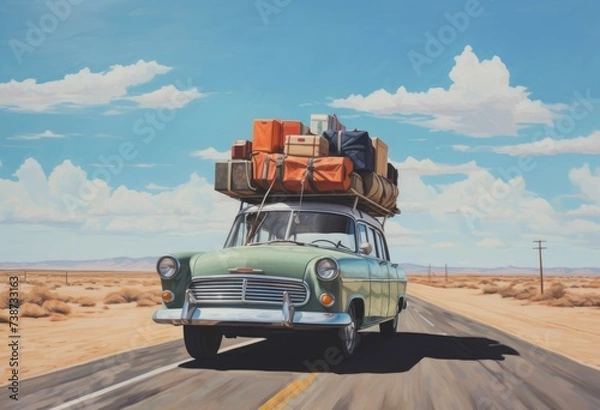 Fototapeta The whimsical illustration depicts a classic retro car cruising down a scenic road, laden with suitcases secured on the roof, as a family embarks on an exciting road trip adventure.