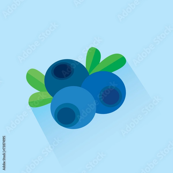 Fototapeta Three blueberries with leaves on light blue background